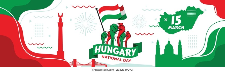 Wave flag of Hungary with copyspace background. Banner or ribbon vector template

