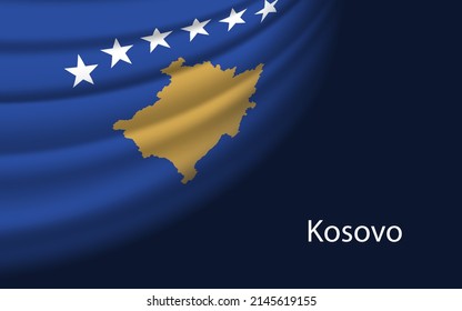 Wave flag of Kosovo on dark background. Banner or ribbon vector template for independence day