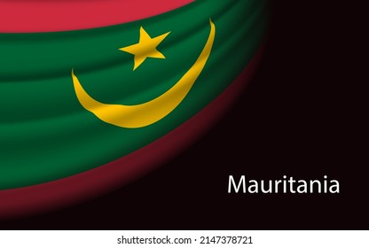 Wave flag of Mauritania on dark background. Banner or ribbon vector template for independence day