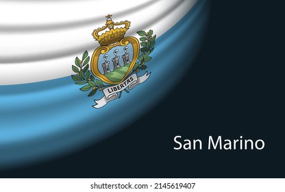 Wave flag of San Marino on dark background. Banner or ribbon vector template for independence day