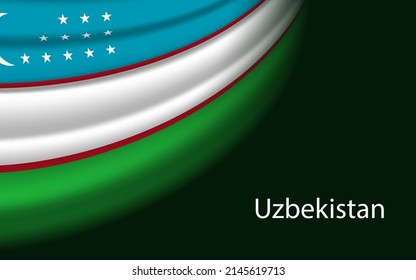 Wave flag of Uzbekistan on dark background. Banner or ribbon vector template for independence day