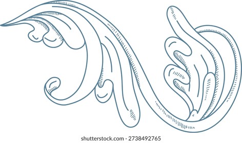 Wave flourish curl with flowing scrolls, curved splash shapes, and hatching detail, hand drawn. Symbol of fluidity, motion, elegance, and nature energy for decor. Cartoon vector illustration.