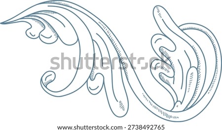 Wave flourish curl with flowing scrolls, curved splash shapes, and hatching detail, hand drawn. Symbol of fluidity, motion, elegance, and nature energy for decor. Cartoon vector illustration.