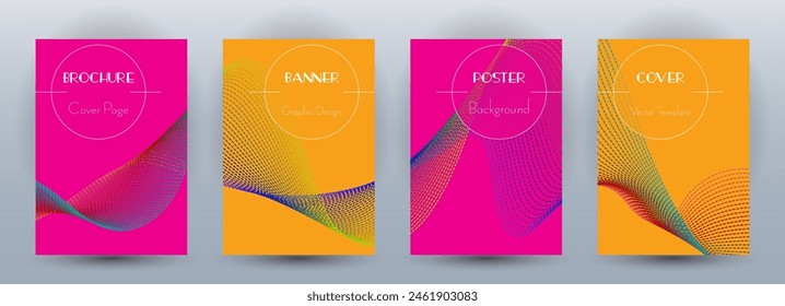 Wave flow dynamic banners creative vector set. Covers with curve lines texture abstract waveform motion. Blend wave background pattern certificate templates. Commercial digital design.