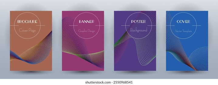 Wave flow dynamic banners creative vector set. Covers with curve lines texture abstract shape motion. Blend wave background pattern flye or poster templates. Commercial digital design.