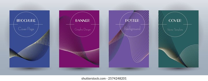 Wave flow dynamic banners creative vector set. Covers with curve lines texture abstract waveform motion. Blend wave background pattern certificate templates. Commercial digital design.