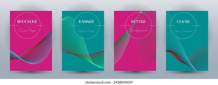 Wave flow dynamic banners geometric vector set. Covers with curve lines texture abstract waveform motion. Blend wave background pattern brochure cover templates. Sound frequency concept.