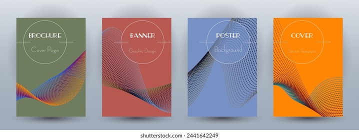 Wave flow dynamic banners geometric vector set. Covers with curve lines texture abstract waveform motion. Blend wave background pattern certificate templates. Commercial digital design.