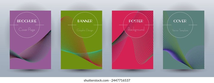 Conjunto de Vectores geométricos de Anuncios dinámicos de flujo de onda. Cubre con líneas de curva textura abstracta movimiento de forma de onda. Plantillas de certificado de patrón de fondo de onda de mezcla. Diseño digital comercial.