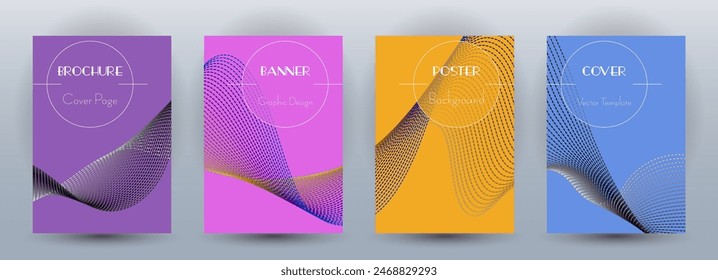 Wave flow dynamic banners geometric vector set. Covers with curve lines texture abstract waveform motion. Blend wave background pattern brochure cover templates. Sound frequency concept.