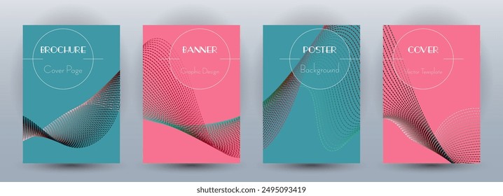 Wave flow dynamic banners geometric vector set. Covers with curve lines texture abstract shape motion. Blend wave background pattern certificate templates. Sound frequency concept.