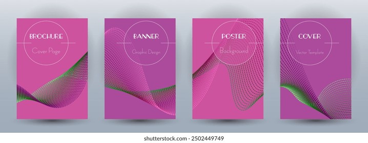 Wave flow dynamic banners geometric vector set. Covers with curve lines texture abstract waveform motion. Blend wave background pattern certificate templates. Sound frequency concept.