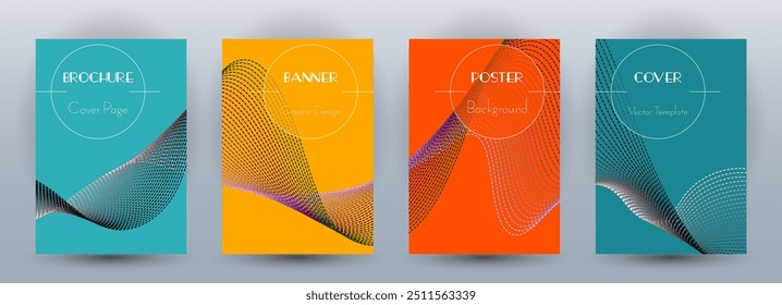 Conjunto de Vectores geométricos de Anuncios dinámicos de flujo de onda. Cubiertas con líneas de curva textura forma abstracta movimiento. Plantillas de certificado de patrón de fondo de onda de mezcla. Diseño de revista.