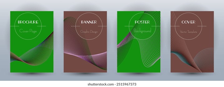 Wave flow dynamic banners geometric vector set. Covers with curve lines texture abstract waveform motion. Blend wave background pattern business booklet templates. Magazine layout design.