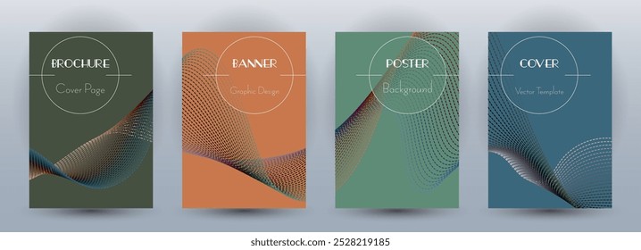 Wave flow dynamic banners geometric vector set. Covers with curve lines texture abstract waveform motion. Blend wave background pattern flye or poster templates. Commercial digital design.