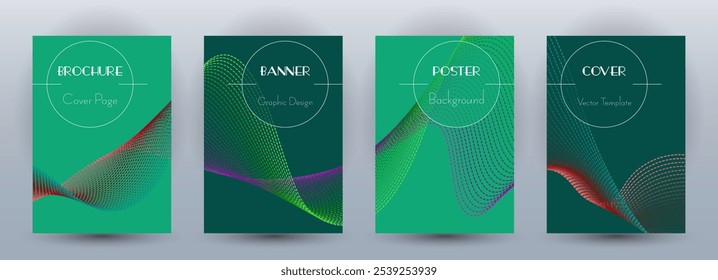 Conjunto de vetores geométricos de banners dinâmicos de fluxo de onda. Capas com linhas de curva textura forma abstrata movimento. Mesclar modelos de certificado de padrão de plano de fundo de onda. Conceito de frequência sonora.