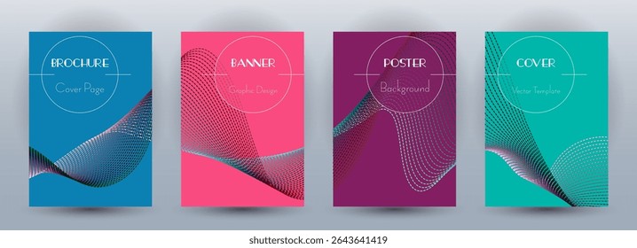 Wave flow dynamic banners geometric vector set. Covers with curve lines texture abstract waveform motion. Blend wave background pattern certificate templates. Commercial digital design.