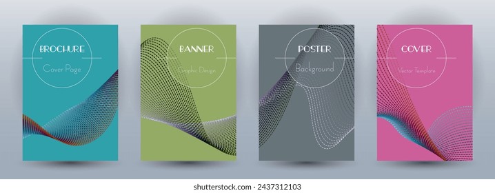 Banners dinámicos de flujo de onda conjunto de vectores mínimo. Cubre con líneas de curva textura abstracta movimiento de la forma. Combinar plantillas de folleto de negocio de patrón de fondo de onda. Concepto de frecuencia de sonido.