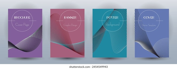 Wave flow dynamic banners minimal vector set. Covers with curve lines texture abstract shape motion. Blend wave background pattern brochure cover templates. Sound frequency concept.