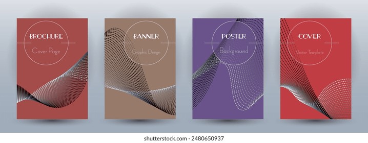 Wave flow dynamic banners minimal vector set. Covers with curve lines texture abstract waveform motion. Blend wave background pattern flye or poster templates. Commercial digital design.