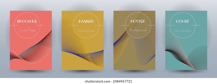 Wave flow dynamic banners minimal vector set. Covers with curve lines texture abstract shape motion. Blend wave background pattern brochure cover templates. Commercial digital design.