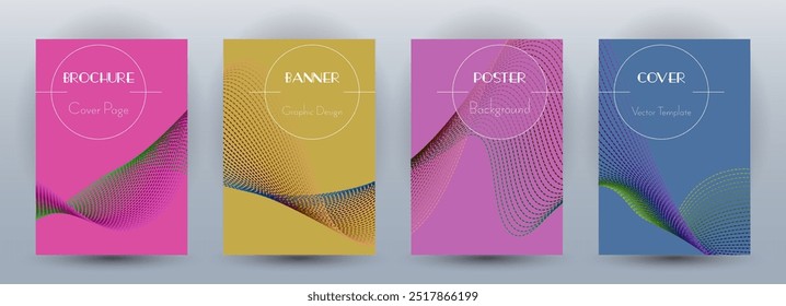 Conjunto de vetores mínimos de banners dinâmicos de fluxo de onda. Capas com linhas de curva textura forma de onda abstrata movimento. Mesclar modelos de certificado de padrão de plano de fundo de onda. Conceito de frequência sonora.