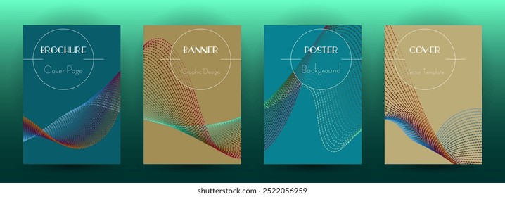 Wave flow dynamic banners minimal vector set. Covers with curve lines texture abstract shape motion. Blend wave background pattern brochure cover templates. Magazine layout design.