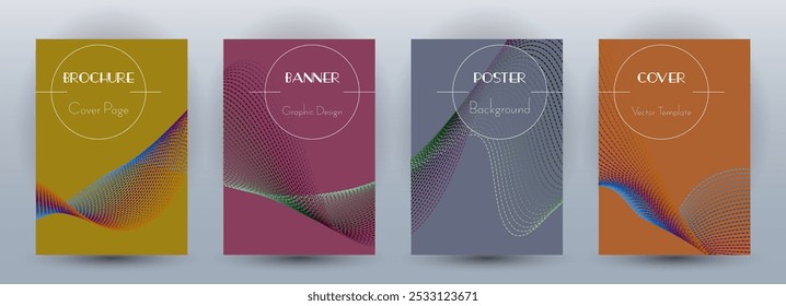 Conjunto de Vector mínimo de Anuncios dinámicos de flujo de onda. Cubiertas con líneas curvas textura movimiento de forma de onda abstracta. Mezclar Plantillas de folleto de negocios de patrón de fondo de onda. Diseño de revista.