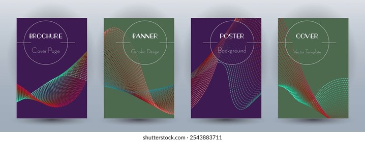 Conjunto de vetores mínimos de banners dinâmicos de fluxo de onda. Capas com linhas de curva textura forma abstrata movimento. Mesclar os modelos de panfletos ou cartazes do padrão de plano de fundo da onda. Conceito de frequência sonora.