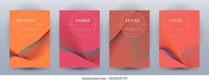 Wave flow dynamic banners minimal vector set. Covers with curve lines texture abstract shape motion. Blend wave background pattern flye or poster templates. Commercial digital design.