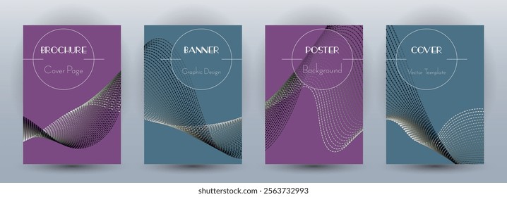 Wave flow dynamic banners minimal vector set. Covers with curve lines texture abstract shape motion. Blend wave background pattern business booklet templates. Sound frequency concept.