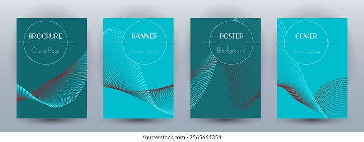 Wave flow dynamic banners minimal vector set. Covers with curve lines texture abstract waveform motion. Blend wave background pattern brochure cover templates. Magazine layout design.