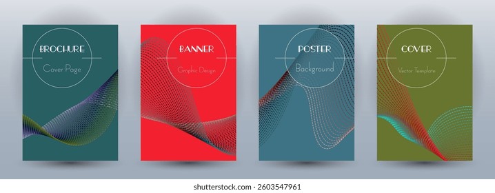 Wave flow dynamic banners minimal vector set. Covers with curve lines texture abstract shape motion. Blend wave background pattern business booklet templates. Magazine layout design.