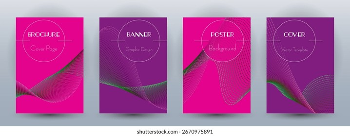 Wave flow dynamic banners minimal vector set. Covers with curve lines texture abstract shape motion. Blend wave background pattern certificate templates. Sound frequency concept.