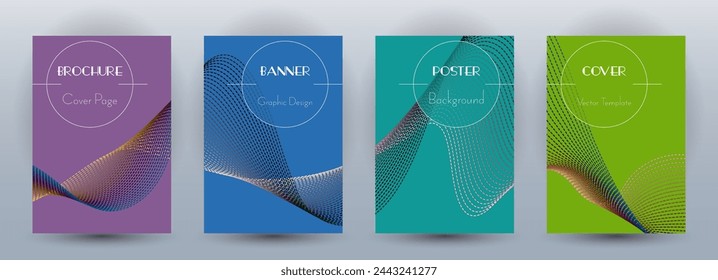Wave flow dynamic banners modern vector set. Covers with curve lines texture abstract shape motion. Blend wave background pattern brochure cover templates. Magazine layout design.