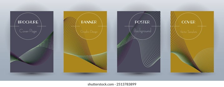 Bandeiras dinâmicas de fluxo de onda conjunto moderno de vetores. Capas com linhas de curva textura forma abstrata movimento. Mesclar modelos de certificado de padrão de plano de fundo de onda. Design de layout de revista.