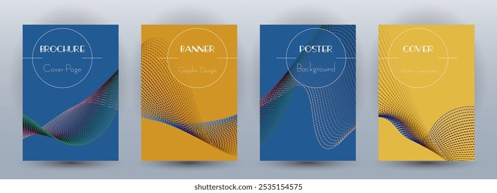 Wave flow dynamic banners modern vector set. Covers with curve lines texture abstract waveform motion. Blend wave background pattern business booklet templates. Commercial digital design.