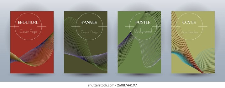 Wave flow dynamic banners modern vector set. Covers with curve lines texture abstract waveform motion. Blend wave background pattern brochure cover templates. Magazine layout design.