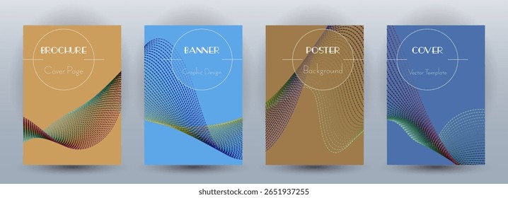 Bandeiras dinâmicas de fluxo de onda conjunto moderno de vetores. Capas com linhas de curva textura forma de onda abstrata movimento. Mesclar modelos de capa de brochura de padrão de plano de fundo de onda. Design digital comercial.