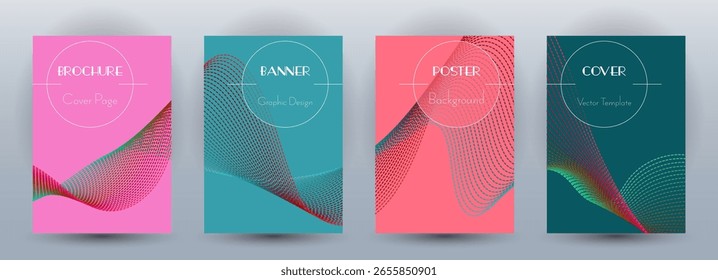 Bandeiras dinâmicas de fluxo de onda conjunto moderno de vetores. Capas com linhas de curva textura forma abstrata movimento. Mesclar modelos de certificado de padrão de plano de fundo de onda. Design de layout de revista.
