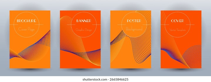 Bandeiras dinâmicas de fluxo de onda conjunto moderno de vetores. Capas com linhas de curva textura forma de onda abstrata movimento. Mesclar modelos de capa de brochura de padrão de plano de fundo de onda. Design digital comercial.