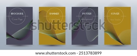 Wave flow dynamic banners modern vector set. Covers with curve lines texture abstract shape motion. Blend wave background pattern certificate templates. Magazine layout design.