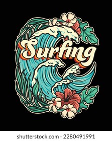 Wave and flower summer illustration with retro vibes. This Design is good for T shirt brand business