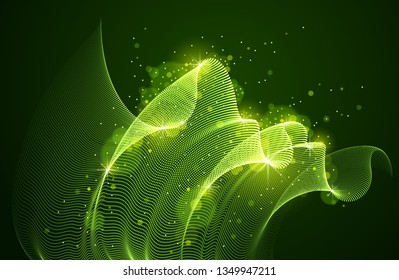 Wave of flowing magic particles over dark relaxing illustration, transparent tulle textile on wind. Round dots vector abstract background. Beautiful wave shaped array of blended points.