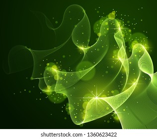 Wave of flowing magic particles over dark relaxing illustration, transparent tulle textile on wind. Round dots vector abstract background. Beautiful wave shaped array of blended points.