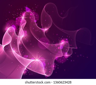 Wave of flowing magic particles over dark relaxing illustration, transparent tulle textile on wind. Round dots vector abstract background. Beautiful wave shaped array of blended points.