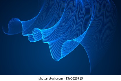 Wave of flowing magic particles over dark relaxing illustration, transparent tulle textile on wind. Round dots vector abstract background. Beautiful wave shaped array of blended points.