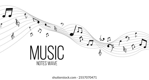 Wave of flowing music notes with treble clef, seamless melody design for musical backgrounds, banners, or creative projects. Perfect for illustrating harmony, rhythm, and artistic sound concepts.