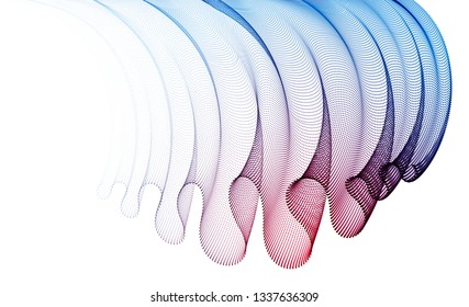 Wave of flowing particles abstract vector background, smooth curvy shape dots transparent tulle textile on wind. 3d shape dots blended mesh, relaxing tranquil wallpaper.