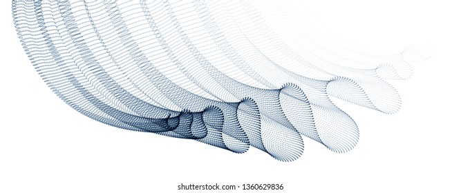 Wave of flowing particles abstract vector background, smooth curvy shape dots transparent tulle textile on wind. 3d shape dots blended mesh, relaxing tranquil wallpaper.